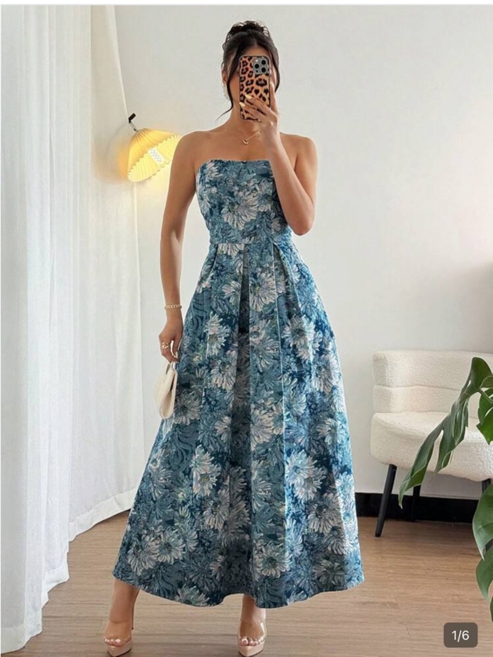 NWT XL Women's Summer Waist Cinched Blue Daisy Print Strapless Elegant Dress